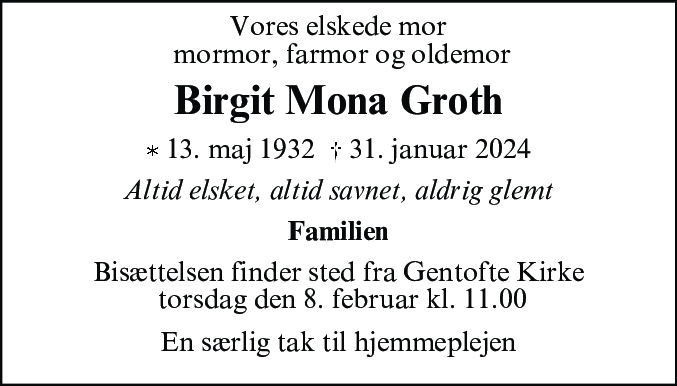 Dødsannonce for Birgit Mona Groth