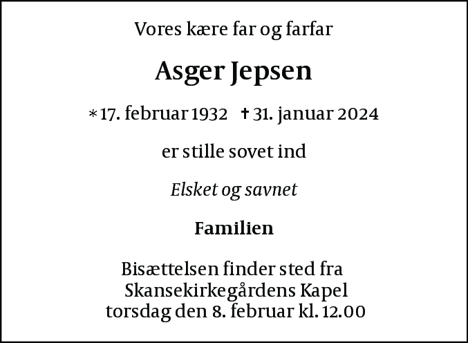 Dødsannonce for Asger Jepsen