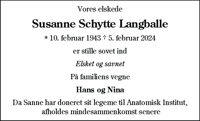 Dødsannonce for Susanne Schytte Langballe