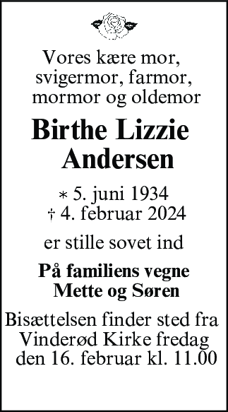 Dødsannonce for Birthe Lizzie Andersen
