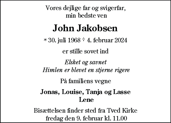 Dødsannonce for John Jakobsen