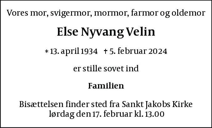 Dødsannonce for Else Nyvang Velin