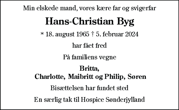 Dødsannonce for Hans-Christian Byg