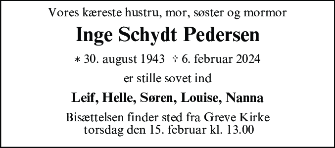 Dødsannonce for Inge Schydt Pedersen