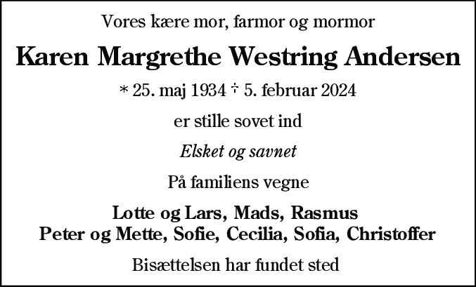 Dødsannonce for Karen Margrethe Westring Andersen