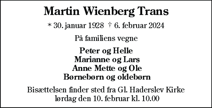Dødsannonce for Martin Wienberg Trans