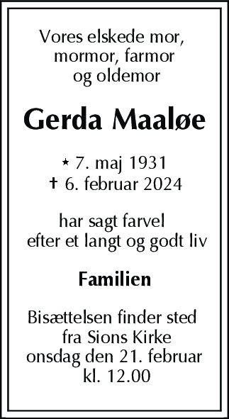 Dødsannonce for Gerda Maaløe
