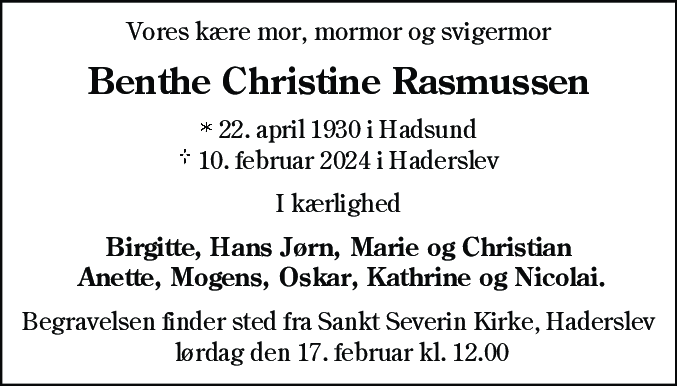 Dødsannonce for Benthe Christine Rasmussen