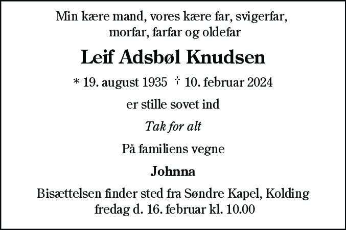 Dødsannonce for Leif Adsbøl Knudsen