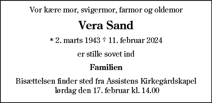 Dødsannonce for Vera Sand