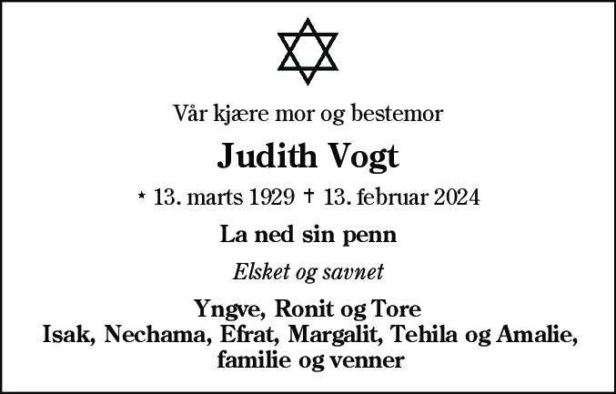 Dødsannonce for Judith Anni Vogt