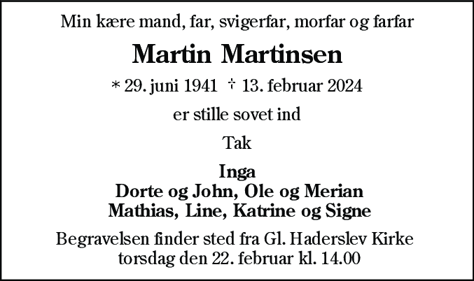 Dødsannonce for Martin Martinsen