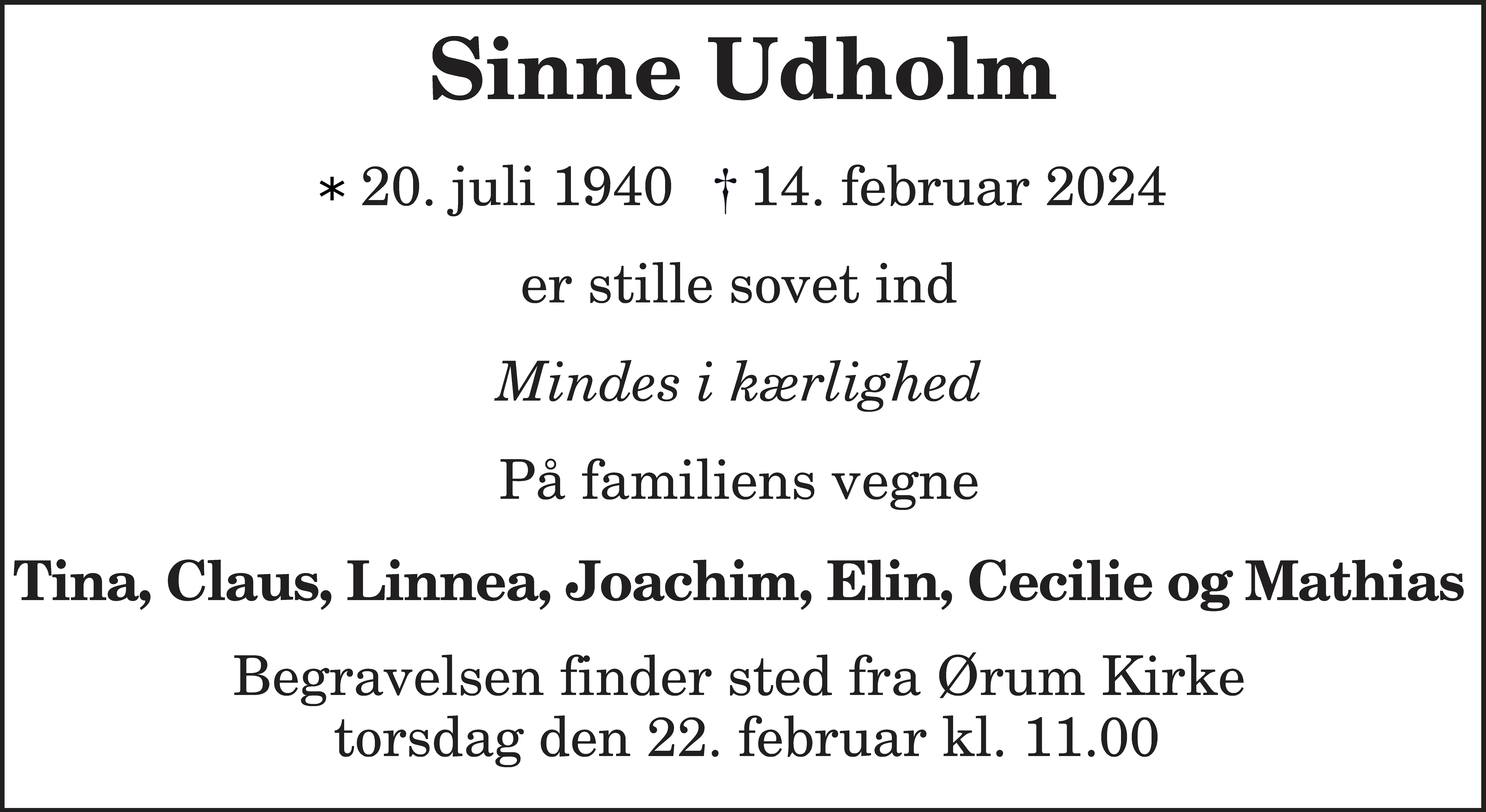 Dødsannonce for Sinne Udholm