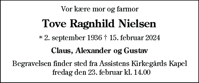 Dødsannonce for Tove Ragnhild Nielsen