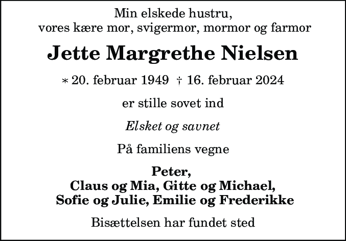 Dødsannonce for Jette Margrethe Nielsen