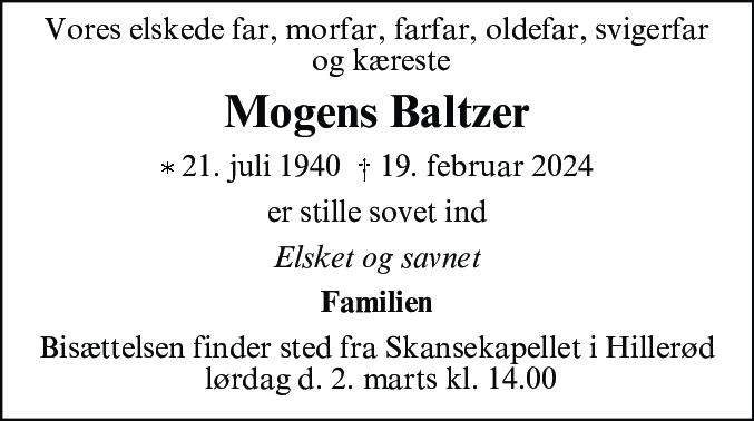 Dødsannonce for Mogens   Baltzer