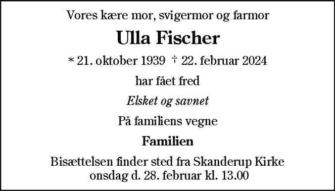 Dødsannonce for Ulla Fischer
