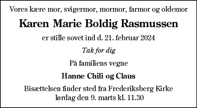 Dødsannonce for Karen Marie Boldig Rasmussen