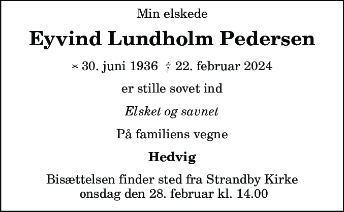 Dødsannonce for Eyvind Lundholm Pedersen