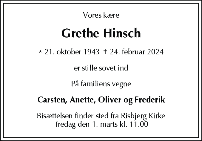Dødsannonce for Grethe Hinsch