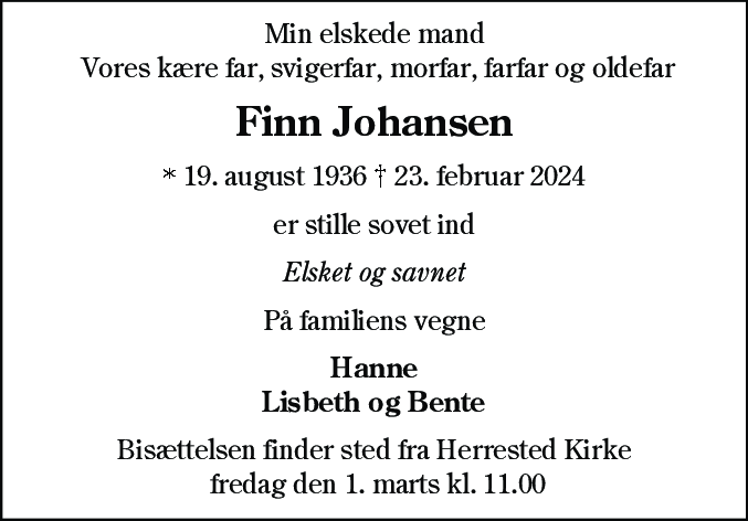 Dødsannonce for Finn Johansen