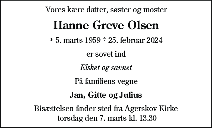 Dødsannonce for Hanne Greve Olsen