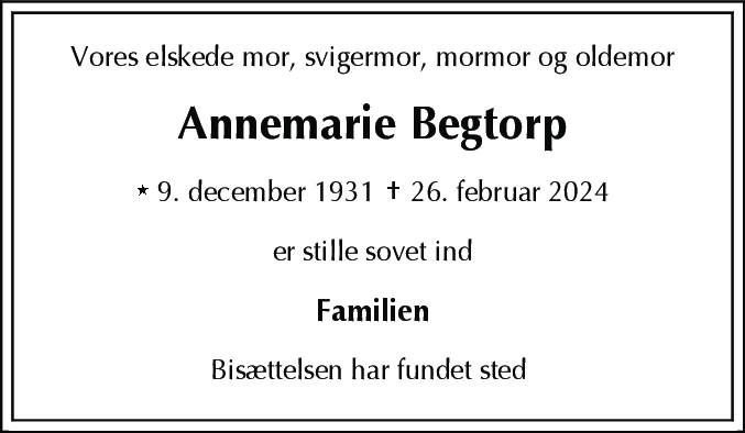 Dødsannonce for Annemarie Begtorp