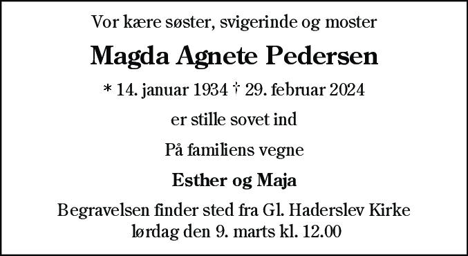 Dødsannonce for Magda Agnete Pedersen