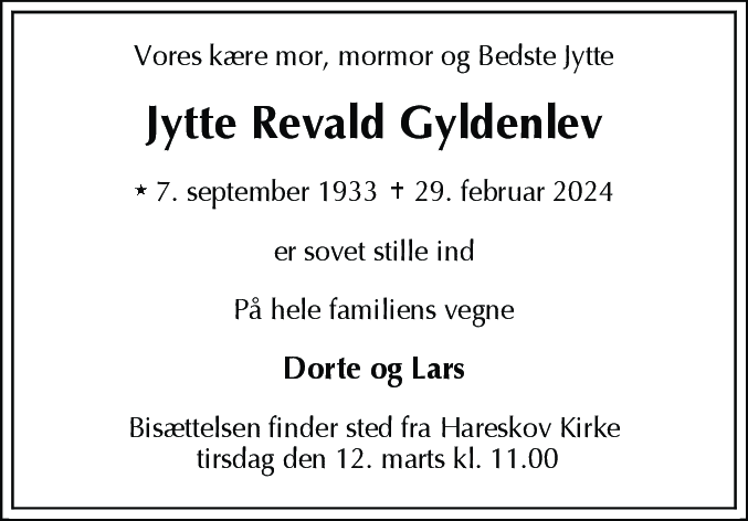 Dødsannonce for Jytte Revald Gyldenlev