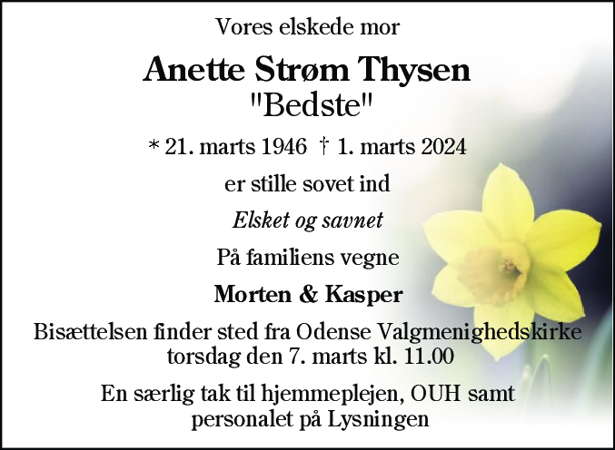 Dødsannonce for Anette Strøm Thysen