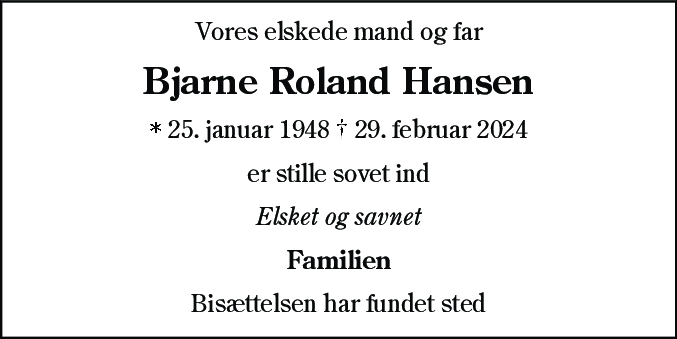 Dødsannonce for Bjarne Roland Hansen