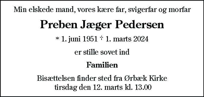 Dødsannonce for Preben Jæger Pedersen