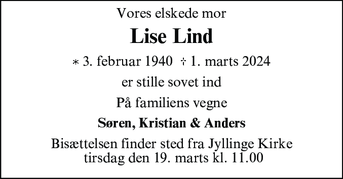 Dødsannonce for Annalise Lind