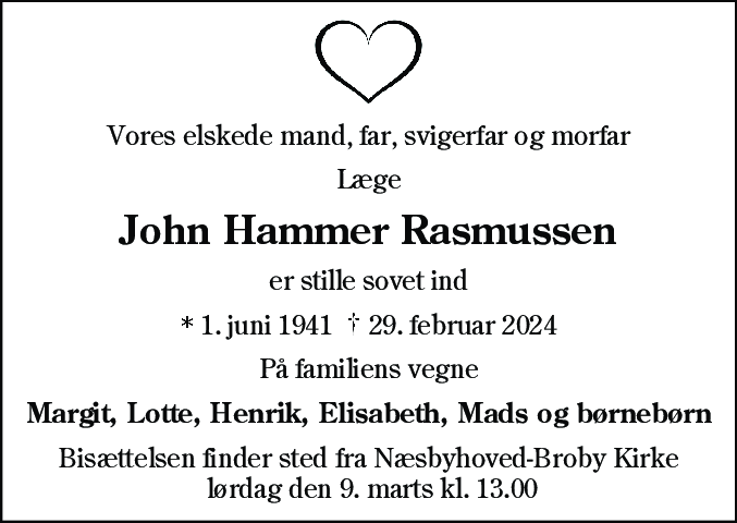 Dødsannonce for John Hammer Rasmussen
