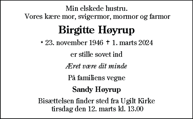 Dødsannonce for Birgitte Høyrup