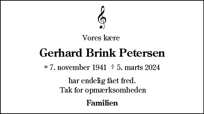 Dødsannonce for Gerhard Brink Petersen