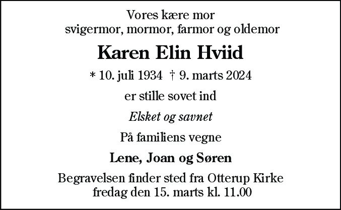 Dødsannonce for Karen Elin Hviid