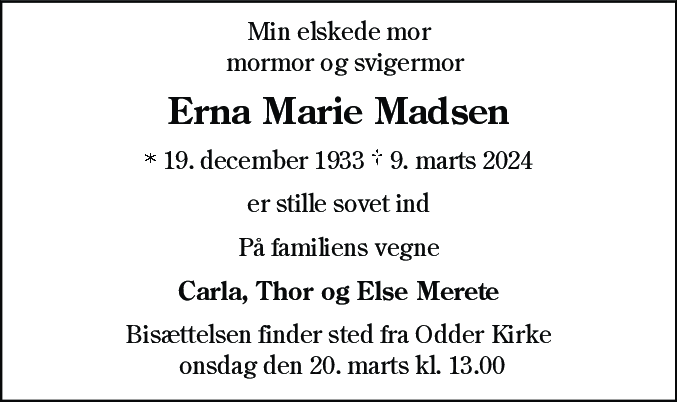 Dødsannonce for Erna Marie Madsen