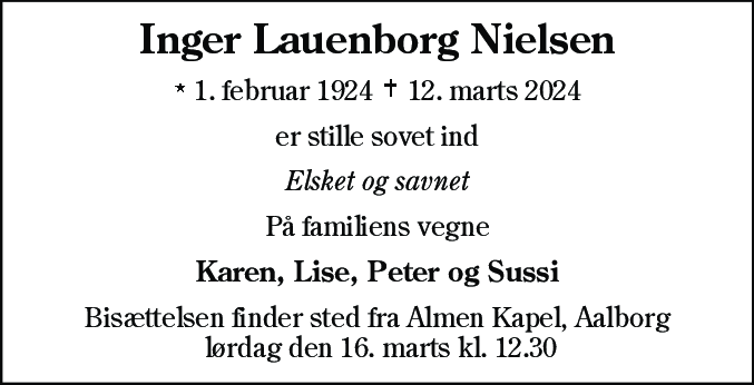 Dødsannonce for Inger Lauenborg Nielsen