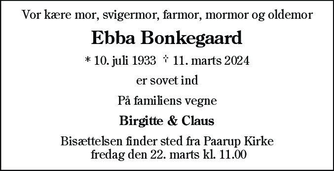 Dødsannonce for Ebba Bonkegaard