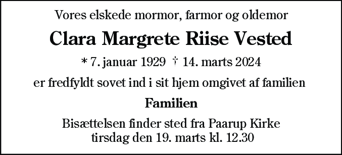 Dødsannonce for Clara Margrete Riise Vested