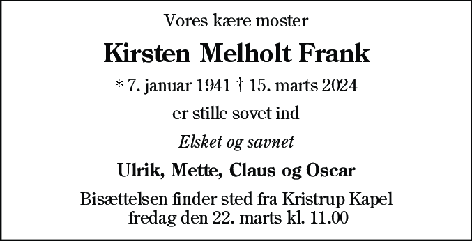 Dødsannonce for Kirsten Melholt Frank