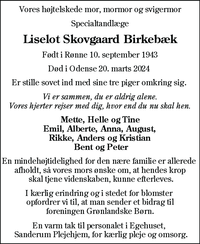 Dødsannonce for Liselot Skovgaard Birkebæk