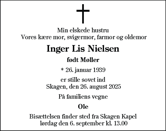 Dødsannonce for Inger Lis Nielsen