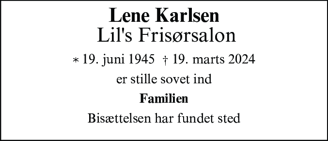 Dødsannonce for Lene Karlsen