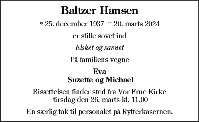 Dødsannonce for Baltzer Hansen
