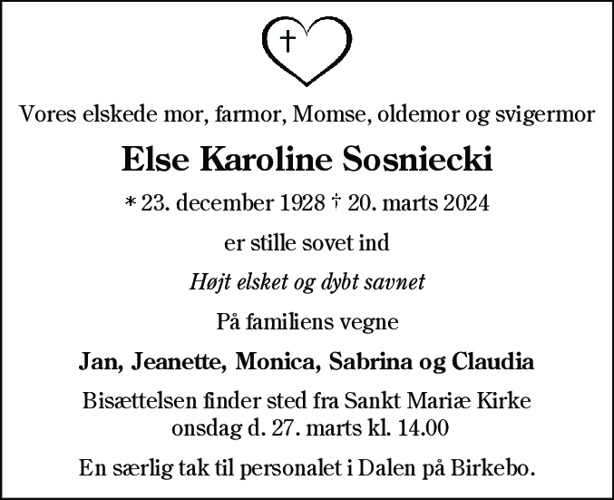 Dødsannonce for Else Karoline Sosniecki