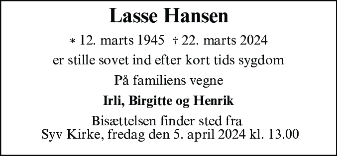 Dødsannonce for Birger Lasse Hansen