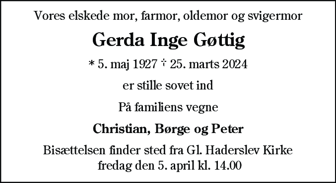 Dødsannonce for Gerda Inge Gøttig