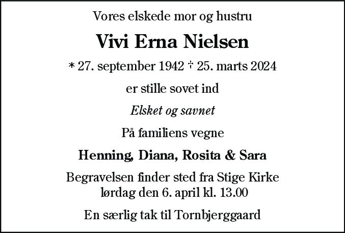 Dødsannonce for Vivi Erna Nielsen